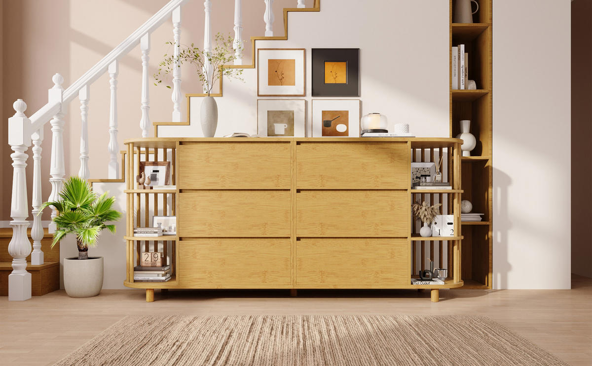 SIDEBOARD in Eiche-Optik mit 6 Schubladen, Bambusregalen und höhenverstellbaren Füßen, 160/40/75 cm,Eichefarben - Eichefarben, Holzwerkstoff (160/75/40cm) - Redom