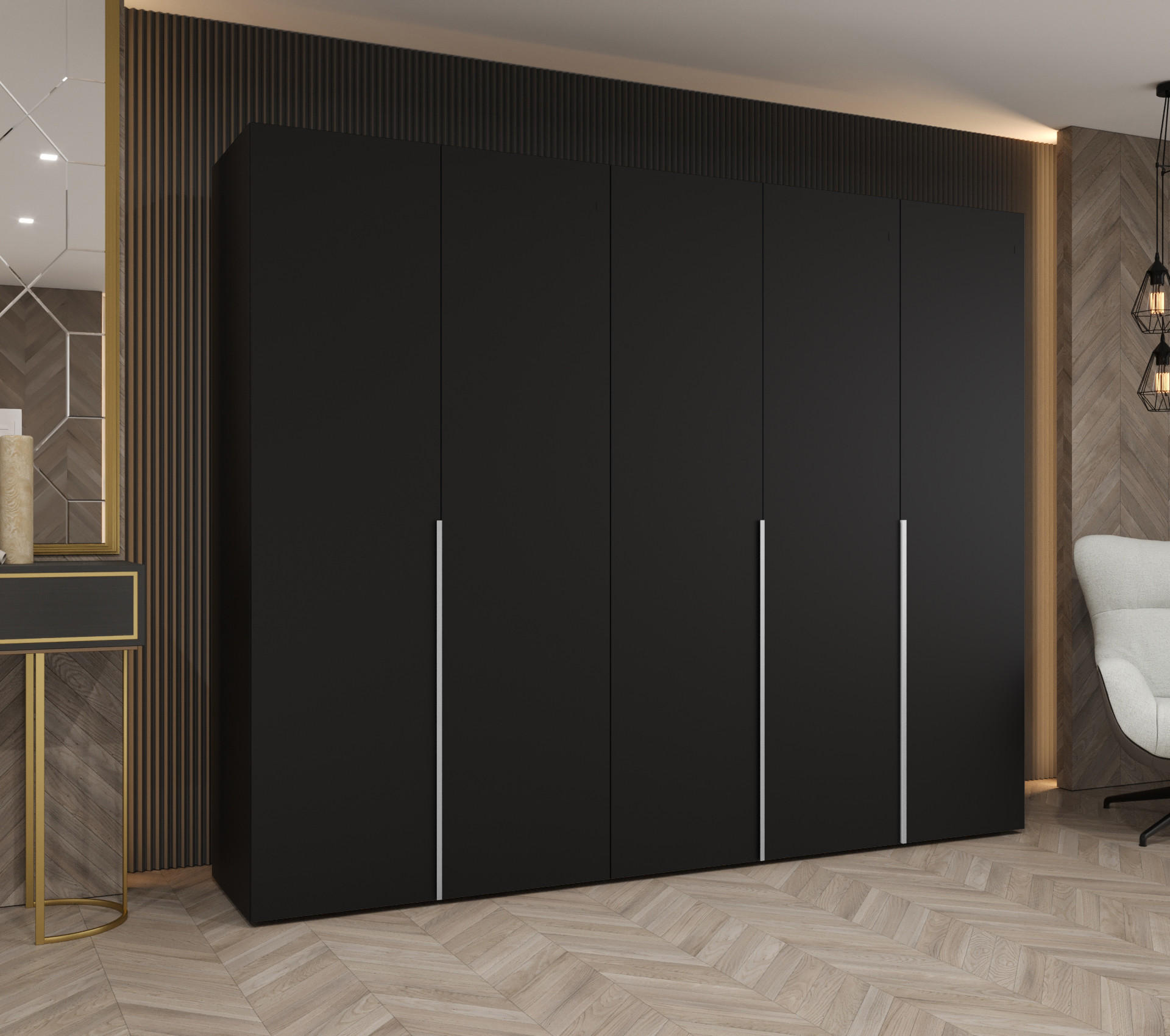 DREHTÜRENSCHRANK 202/250/52 5-türig - Kaschmir/Schwarz, Holz (250/202/52cm) - Abiks Möbel