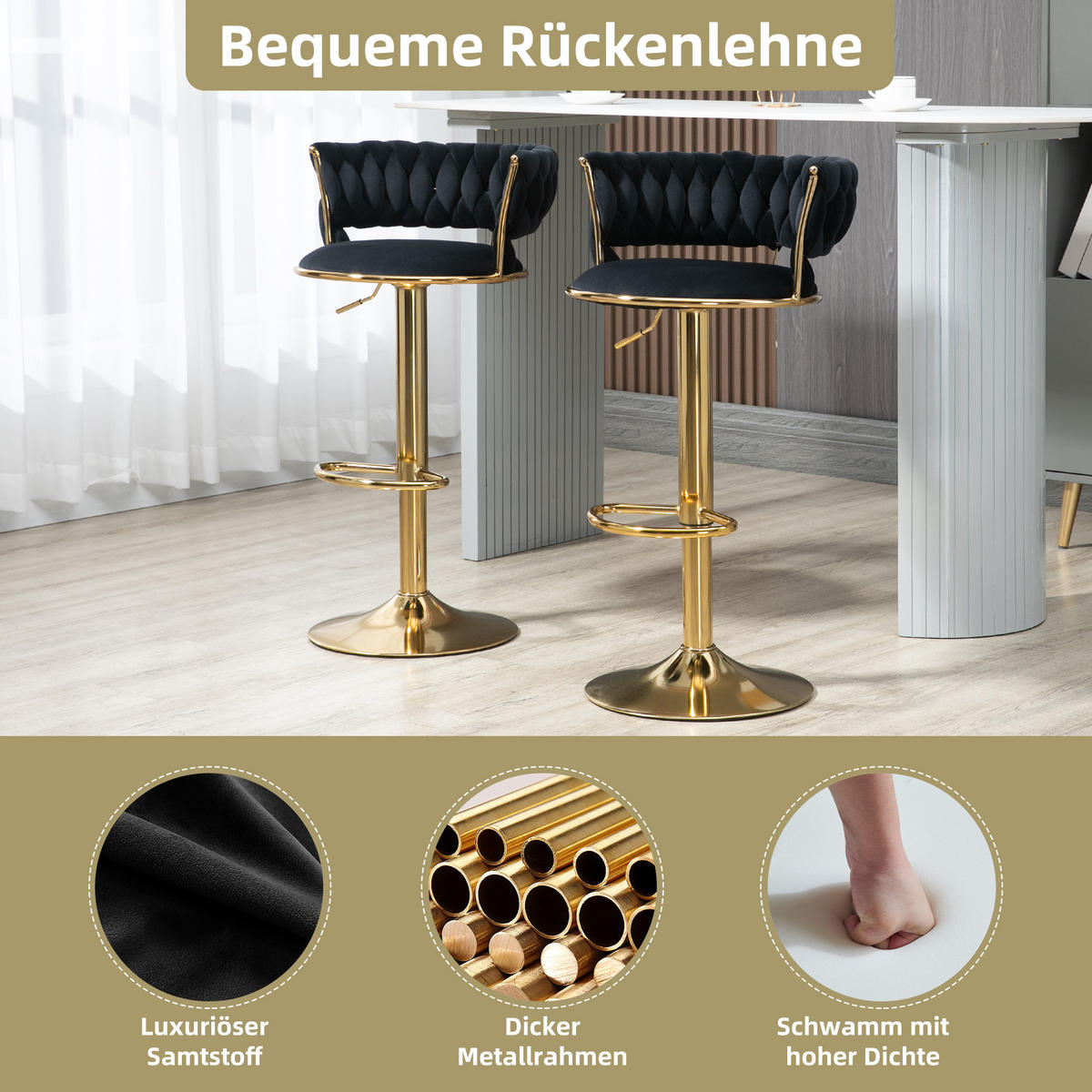 BARHOCKER 2er-Set 360° drehbar mit Samtbezug - Schwarz, Textil (54/78/46cm)