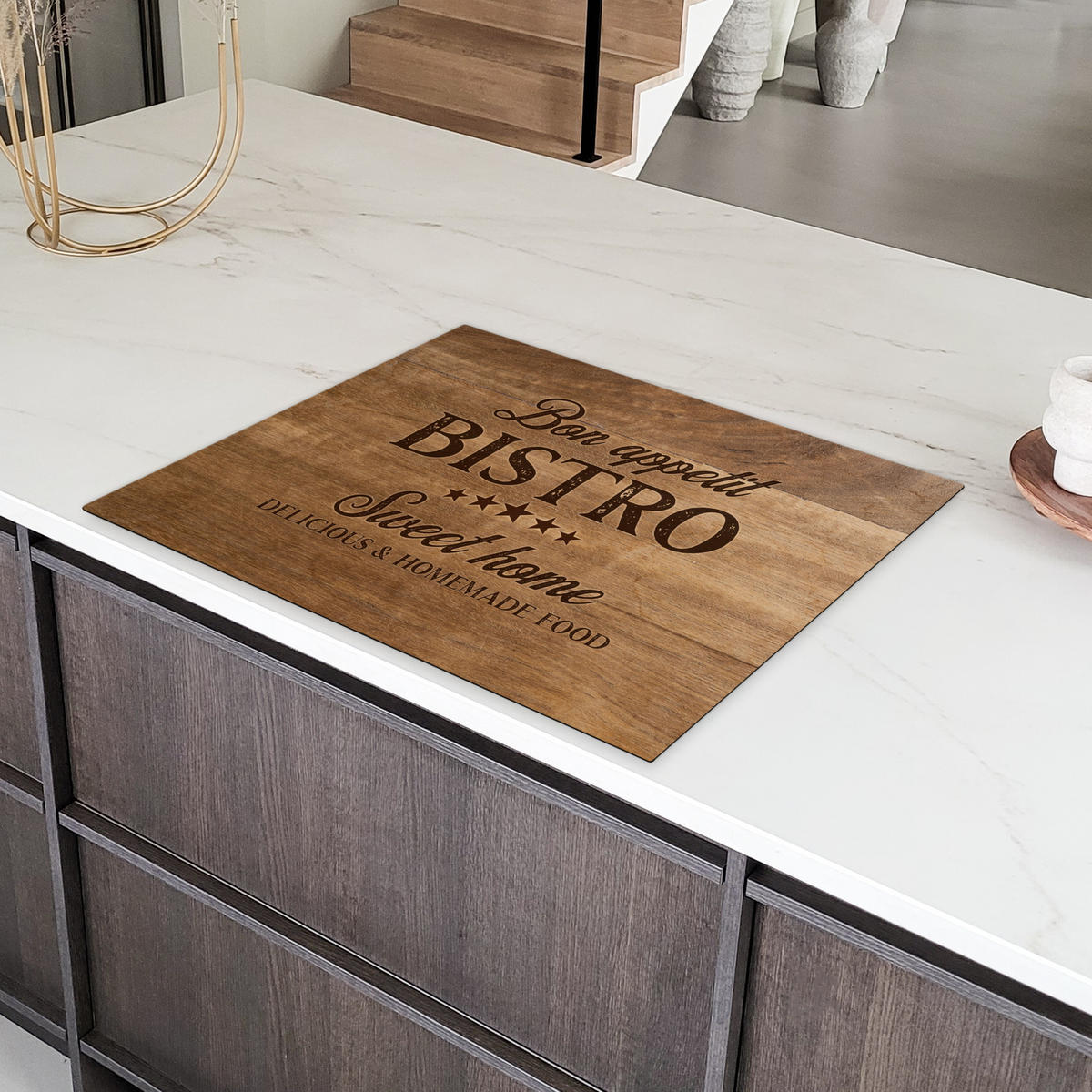 HERDABDECKPLATTE Zitat - Bistro - Guten Appetit - Süßes Zuhause - Holzmaserung Induktionsmatte 77x59 cm - Braun, Kunststoff (77/59/0.2cm) - MuchoWow