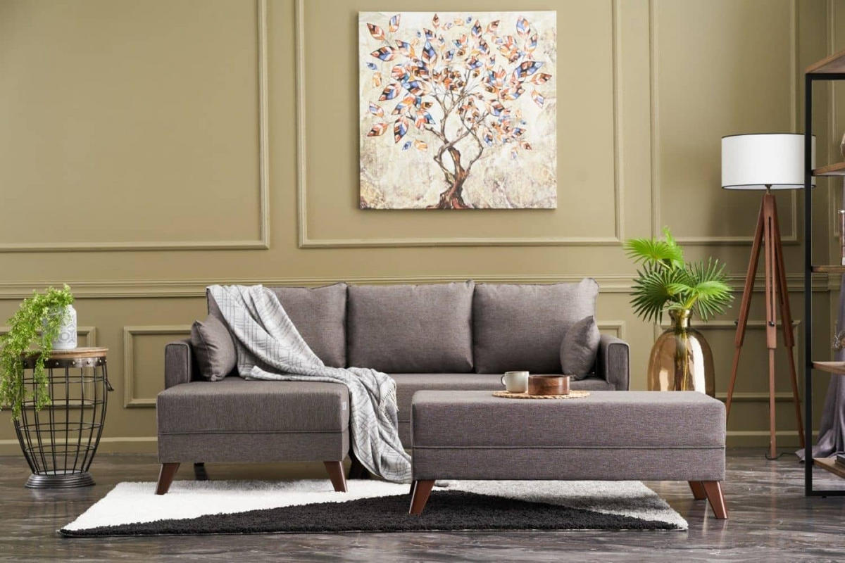ECKSOFA mit Hocker als Schlaffläche, perfekt für kleine Räume - Taupe/Walnussfarben, Holz/Kunststoff (205/140cm) - myHomelando