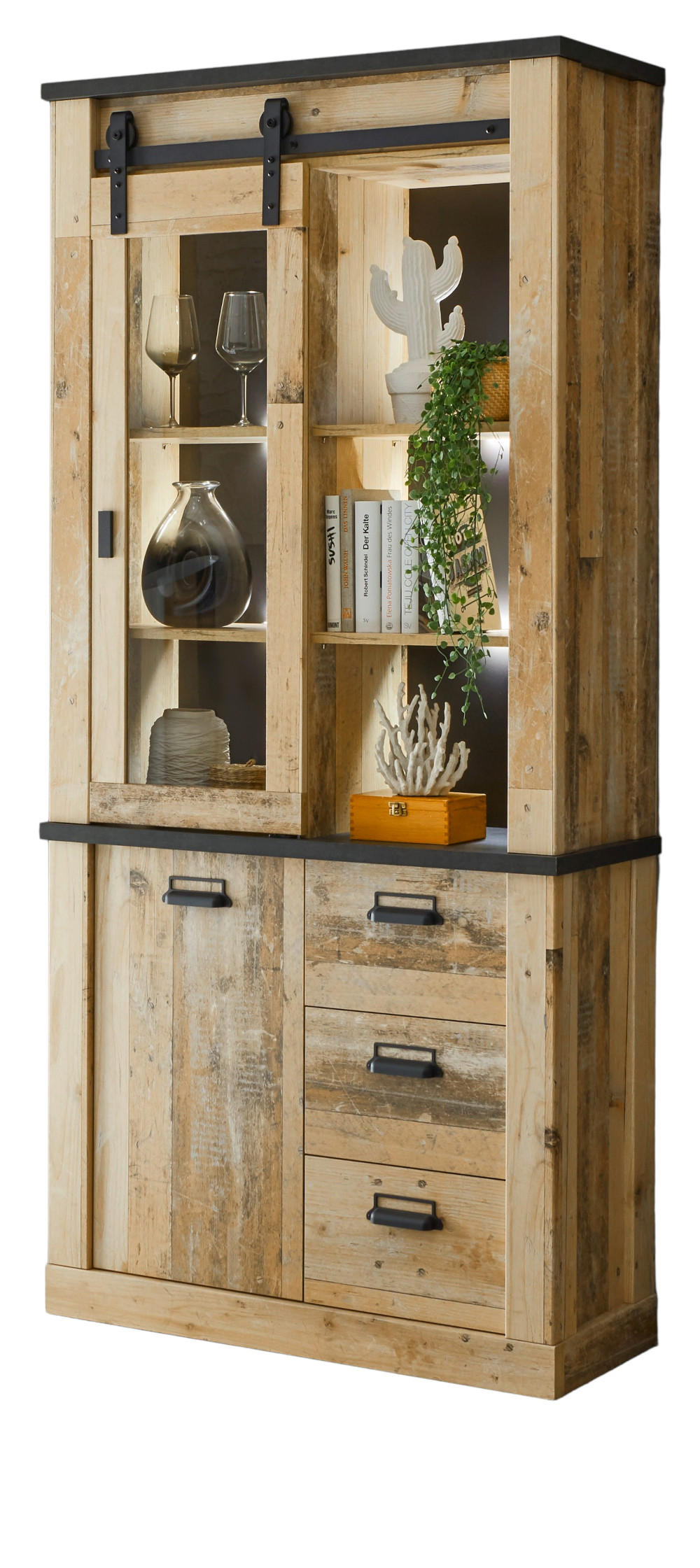 VITRINE Used Wood hell, anthrazit 93 x 201 cm, Vitrinenschrank mit Soft-Close - Anthrazit/Schwarz, Glas/Holzwerkstoff (93/201/38cm) - Furn.Design