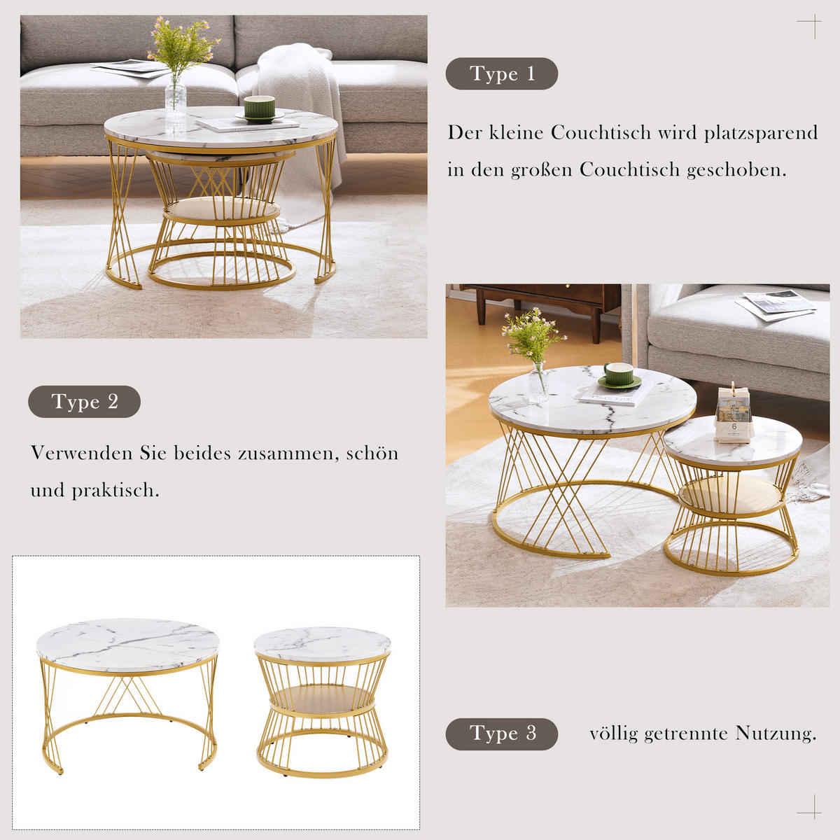 COUCHTISCH Nesting 2er-Set in Weiß Marmor-Optik - Weiß, Holzwerkstoff (70/70/45cm) - Urban Meuble