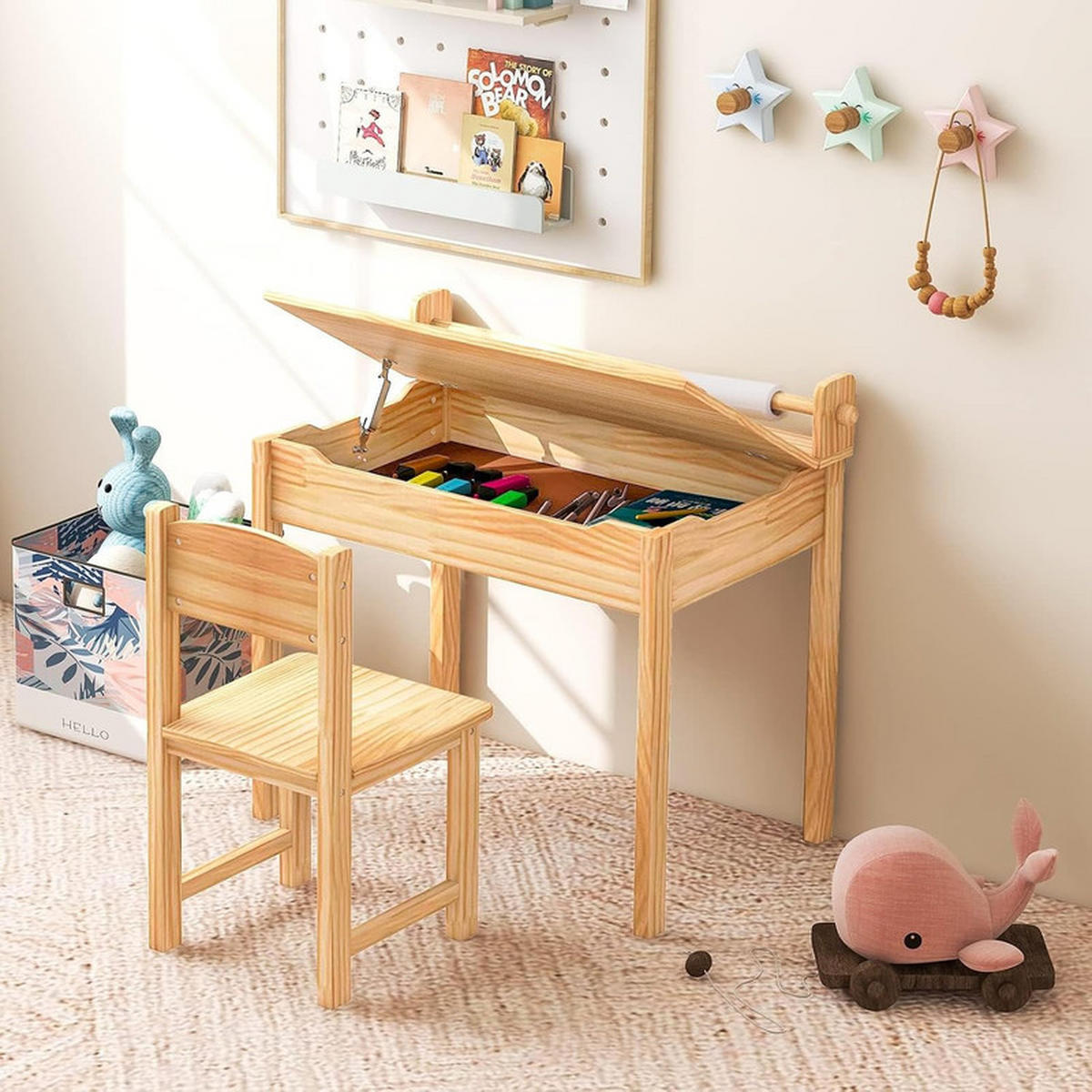 KINDERSCHREIBTISCH mit Stuhl natur(2-tlg) - Naturfarben, Holz (66/58/40cm) - COSTWAY