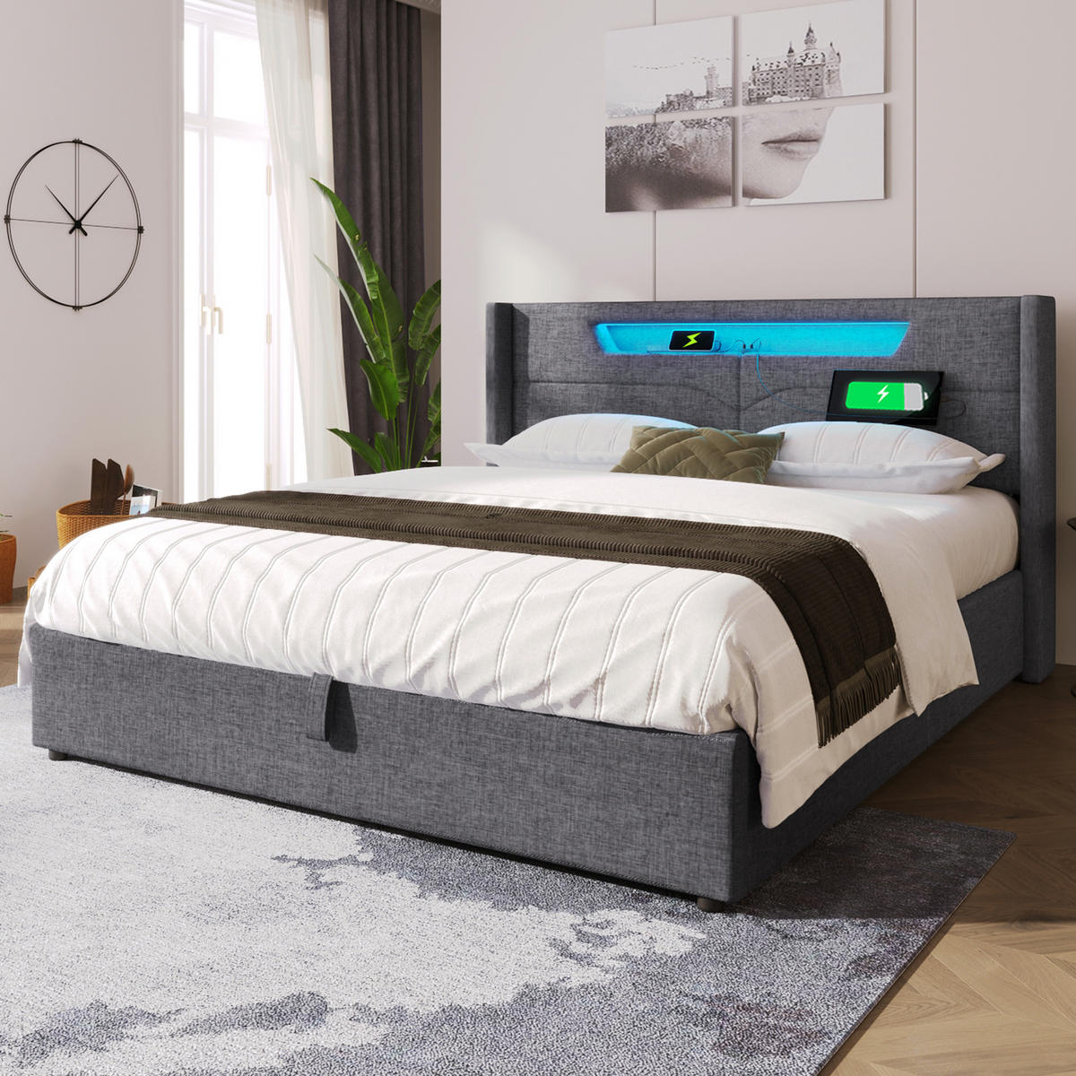 POLSTERBETT 160/200 cm Grau mit LED-Beleuchtung und USB-Anschlüssen - Grau, Textil (160/200cm) - OKWISH