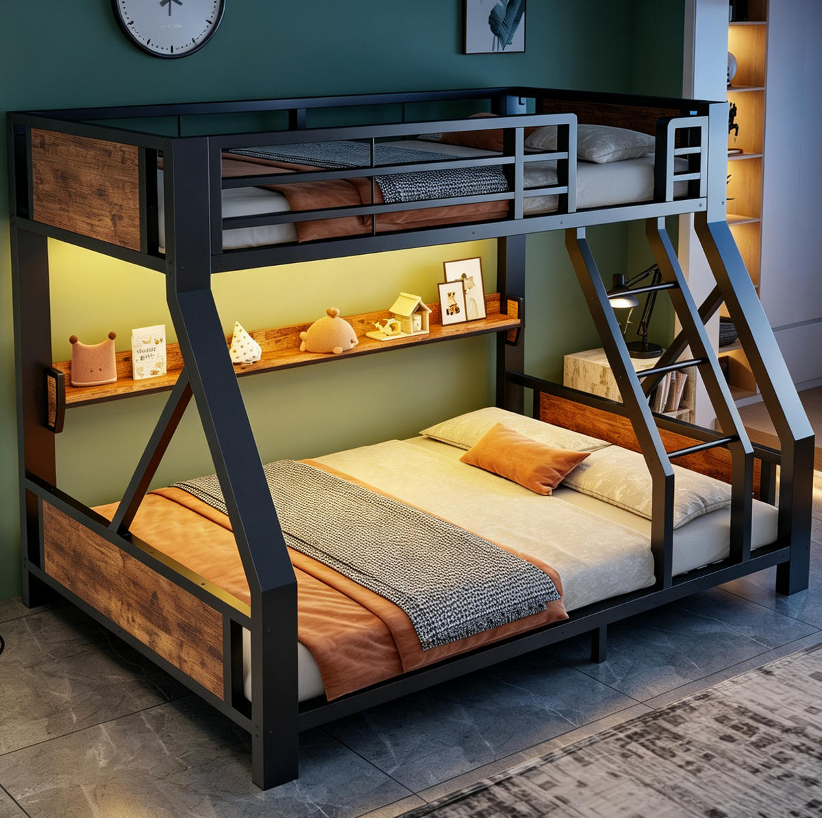 ETAGENBETT aus Metall 90x200 / 140x200 cm Schwarz mit LED-Beleuchtung und Ablagefach - Schwarz, Metall (90/200cm) - Modfu