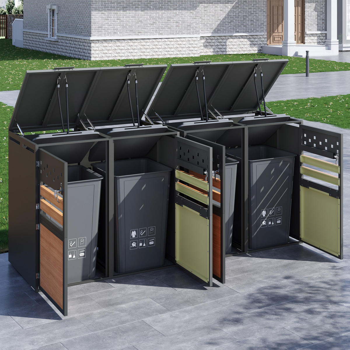 MÜLLTONNENBOX aus Stahl in Grau/Holzoptik mit hydraulischem Klappdeckel - Grau, Metall (264/124.5/80cm) - Modfu