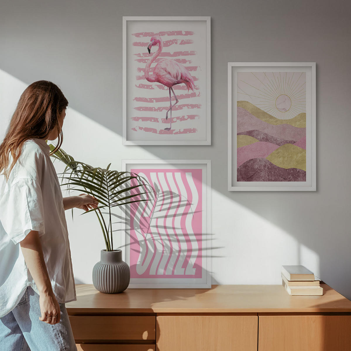 BILDER SET 3er Set - 40x60 cm Weißer Rahmen - Pastelllandschaft mit rosa Flamingos - Weiß, Kunststoff (40/60cm) - TULUP