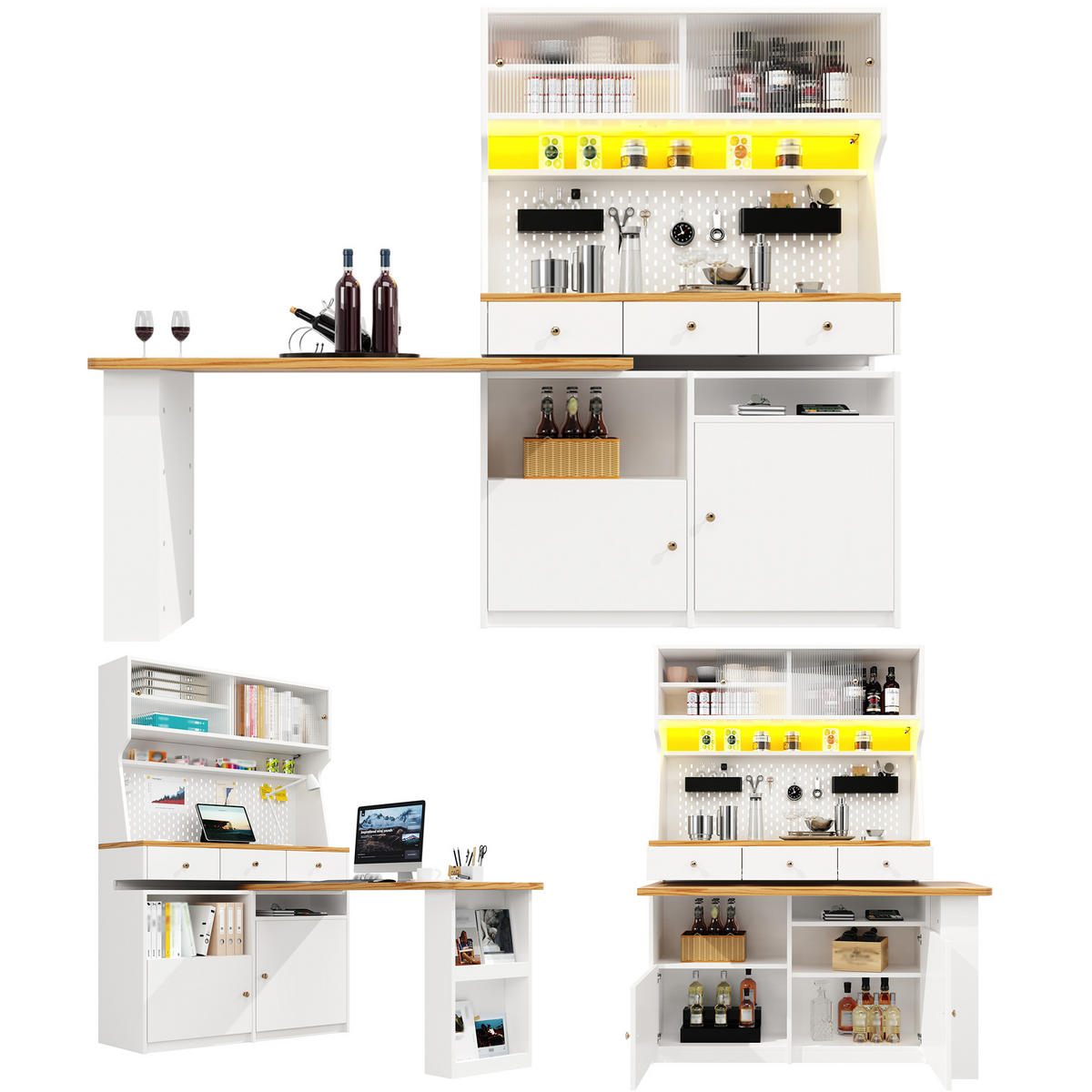 HIGHBOARD DE-38381 137/45/178 cm mit Schreibtisch und LED-Beleuchtung Weiß - Weiß, Holzwerkstoff (74/137/177.7cm) - ComfortXL