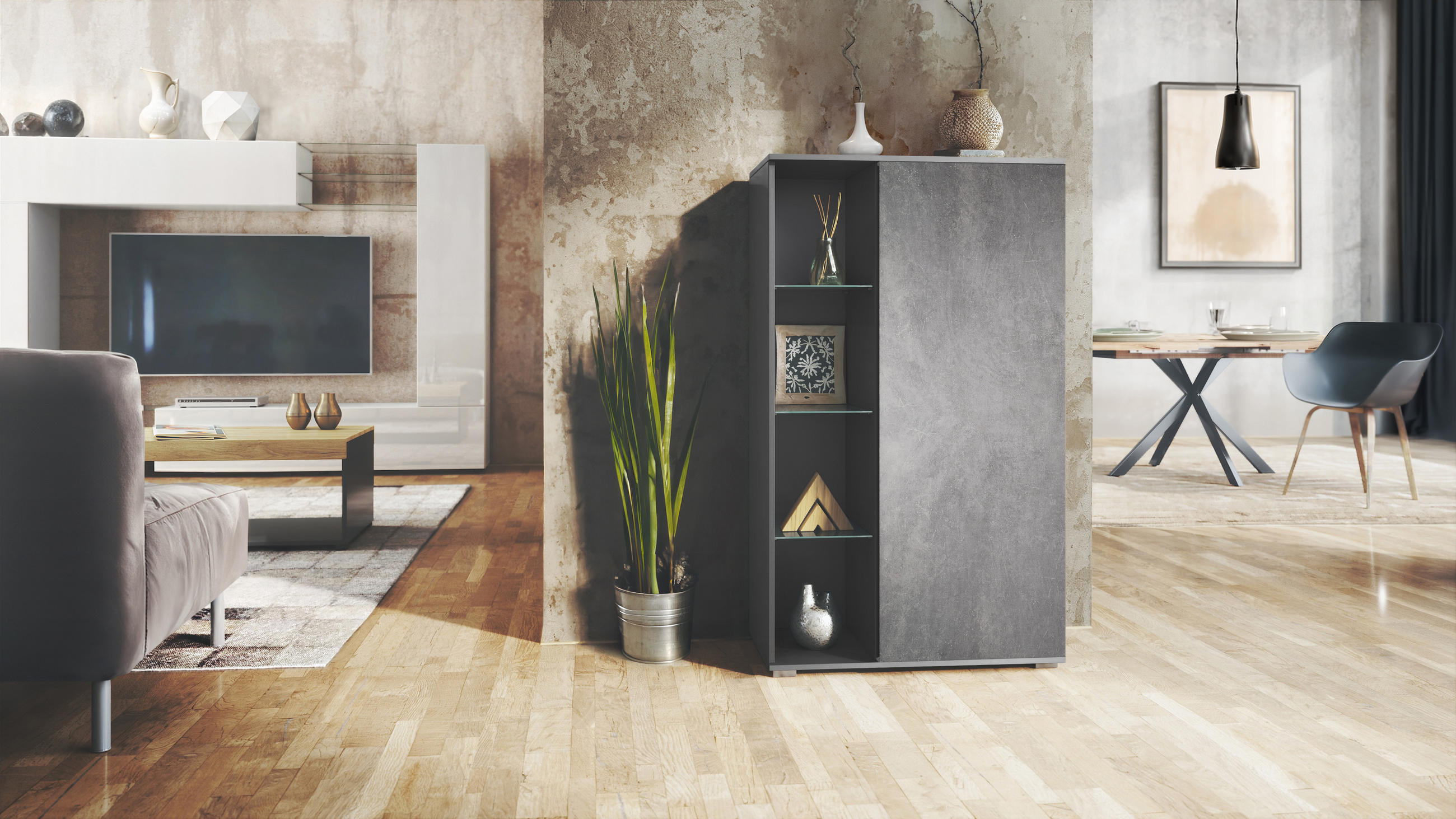 VITRINE Davos Steingrau - Schieferfarben, Holzwerkstoff (71.5/134/35cm) - Vladon