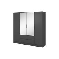 GROSSER Kleiderschrank RICADI 4DL (Graphit, Spiegel, 4 Türen, 2 Schubladen, Kleiderstange, Kunststoffgriffe) - Schwarz/Graphitfarben, Holz/Holzwerkstoff (206/200/51cm) - Ravio