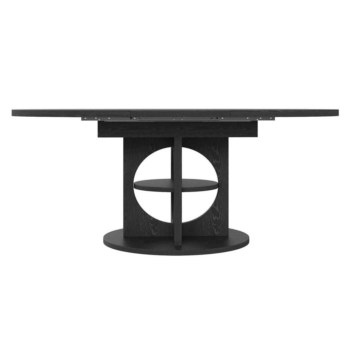 ESSTISCH mit Stauraum, rund zu oval, Regal im Tischbein 110-150 cm - Schwarz, Holzwerkstoff/Metall (150/110/76cm) - EVRYAE