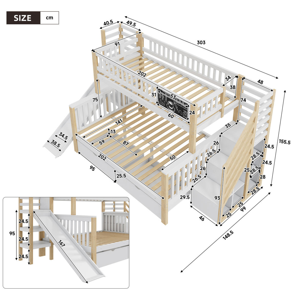 ETAGENBETT 90/200 & 140/200 cm aus Kiefer mit Rutsche und Stauraum - Weiß, Holz (140/200cm) - BEAOK