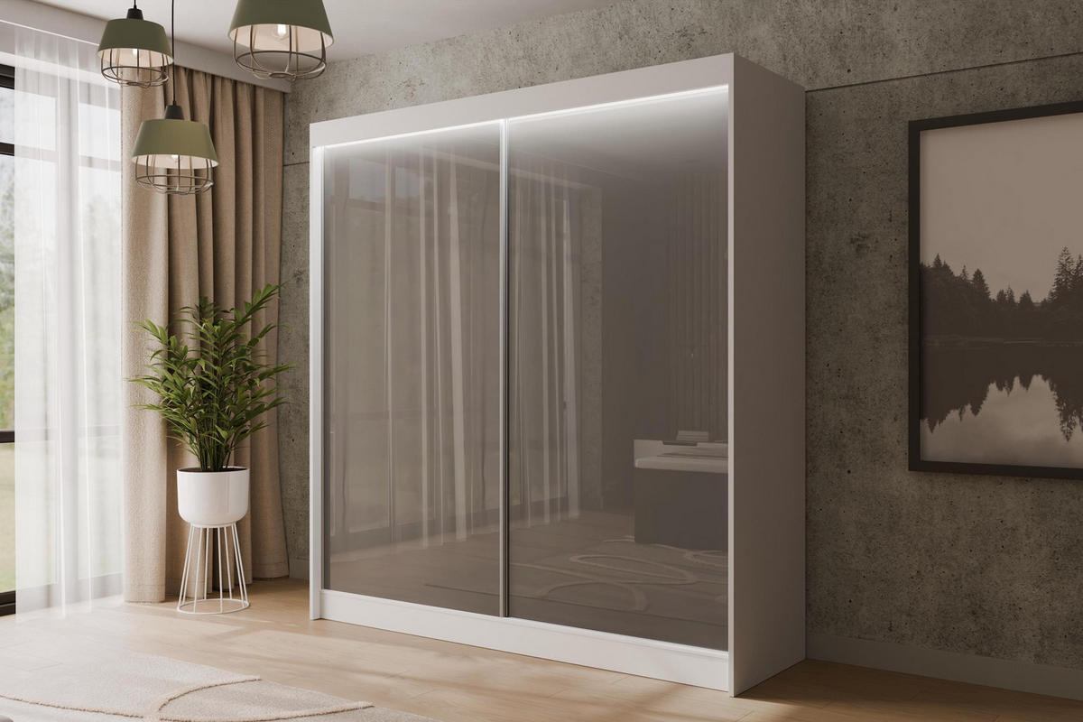KLEIDERSCHRANK PEKA mit LED - 200 cm - Weiß|Grau - Weiß/Grau, Holzwerkstoff (200/215/61cm) - ALTDECOR