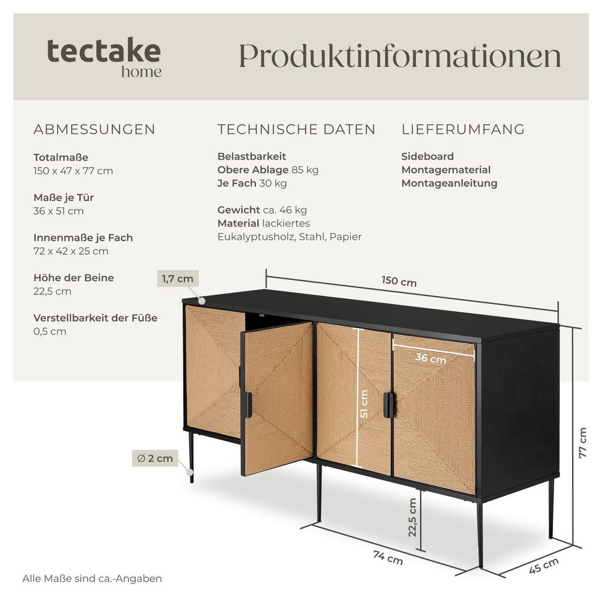SIDEBOARD Juna,150 x 47 x 77 cm, höhenverstellbare Füße,schwarz/braun - Schwarz/Braun, Holz (150/77/47cm) - tectake