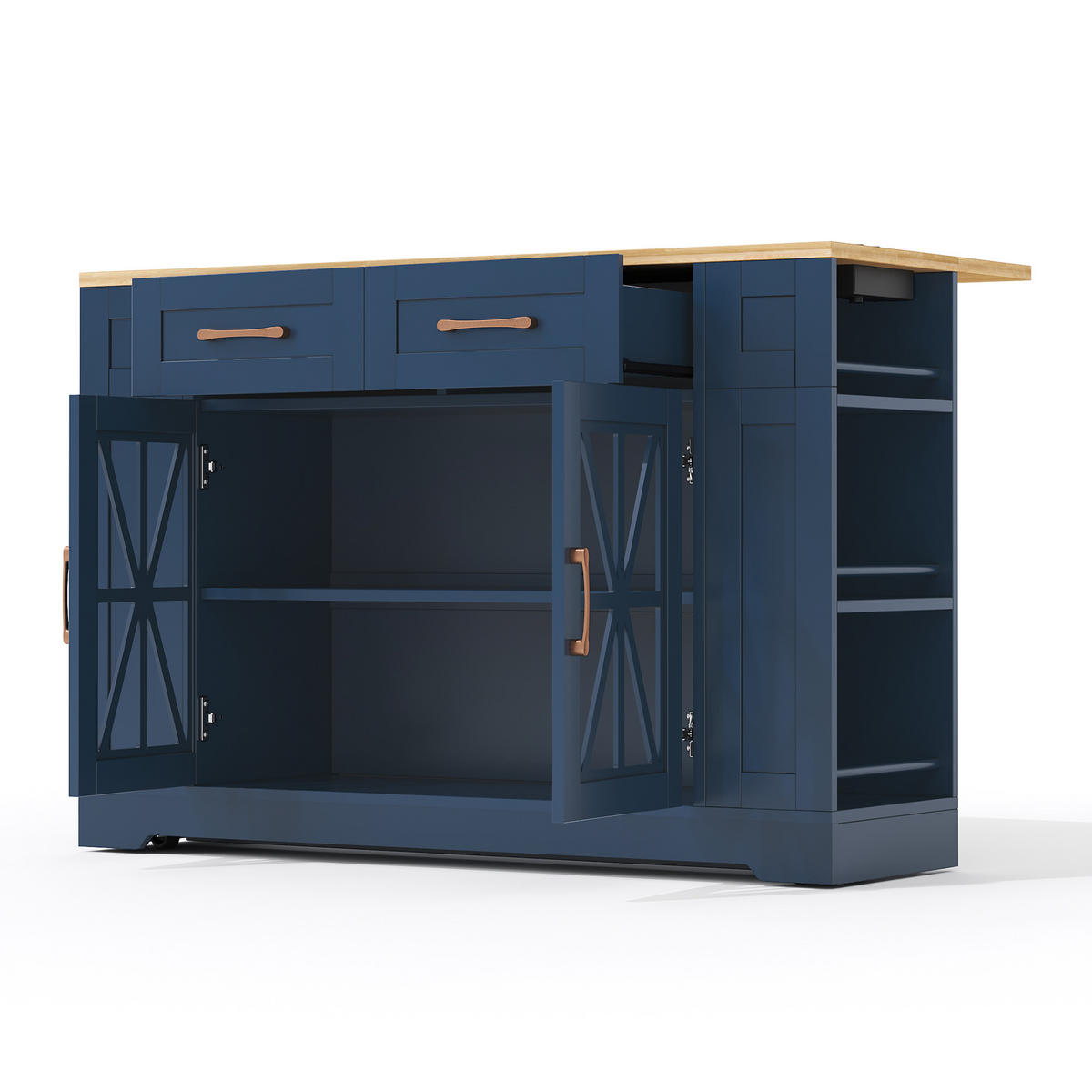 KÜCHENINSEL 120/40(65)/92 cm Blau mit Klappbarem Esstisch, 2 Steckdosen, USB, 2 Schubladen und Offenen Regalen - Blau, Holz/Holzwerkstoff (65/92/120cm) - Oxeza