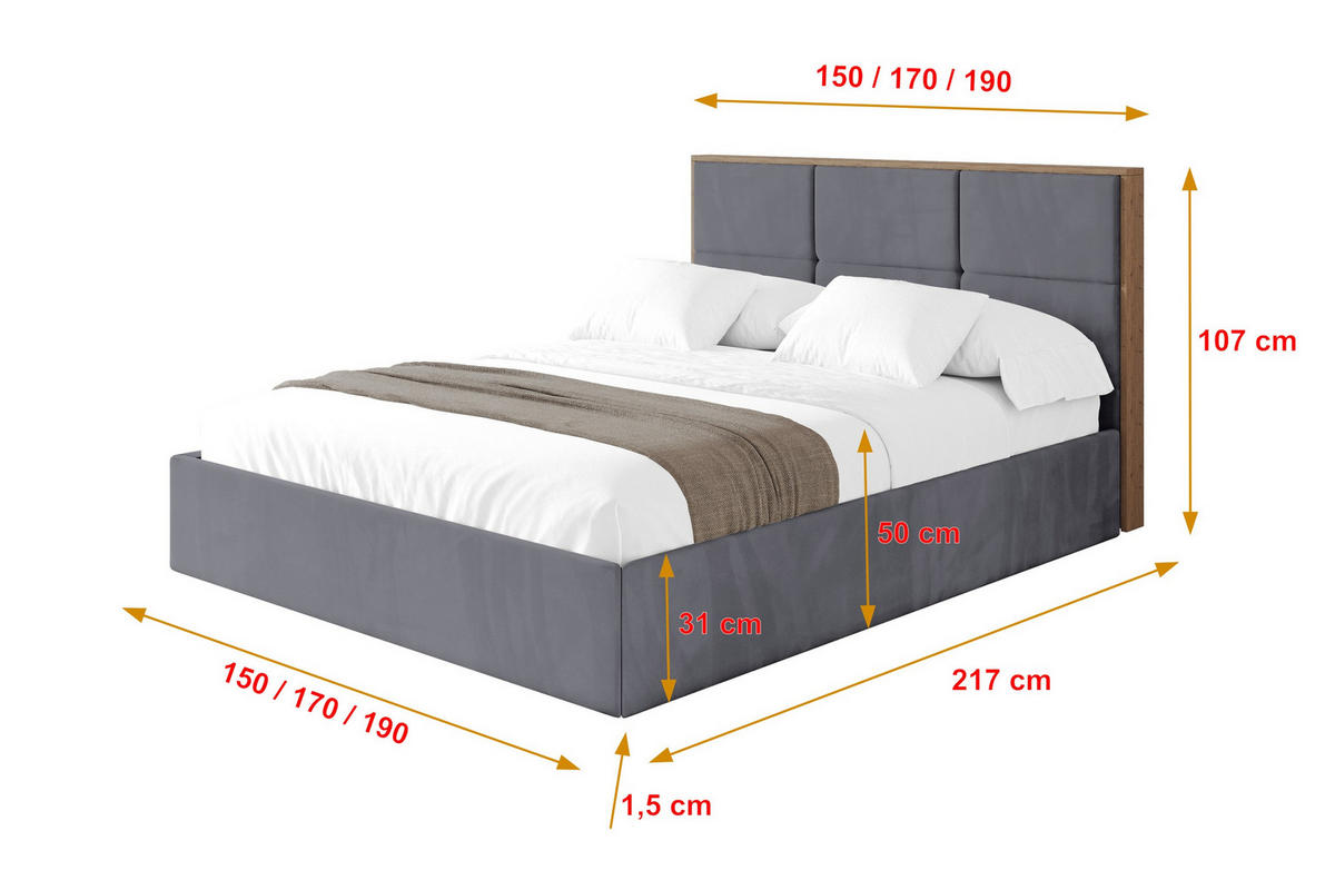 POLSTERBETT mit Bettkasten und Lattenrost, Bett mit Matratze H3/H4 - LILA 140x200 Dunkelgrau - Dunkelgrau, Holzwerkstoff/Textil (140/200cm) - ALTDECOR