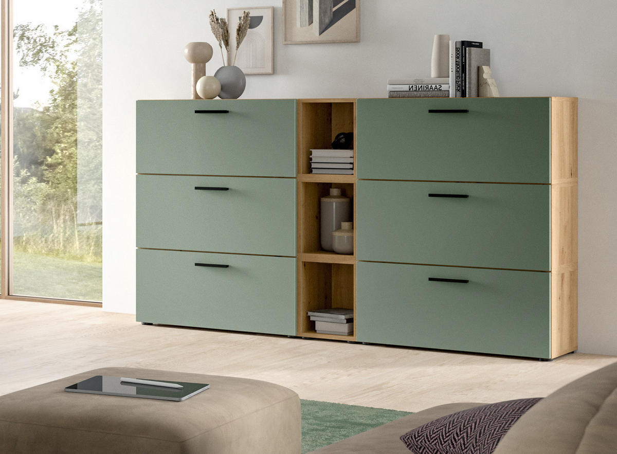 SIDEBOARD grün, Eiche Artisan 176 cm, Kommode mit Soft-Close - Schwarz/Eiche Artisan, Holzwerkstoff/Kunststoff (176/99/34cm) - Inn.Furn