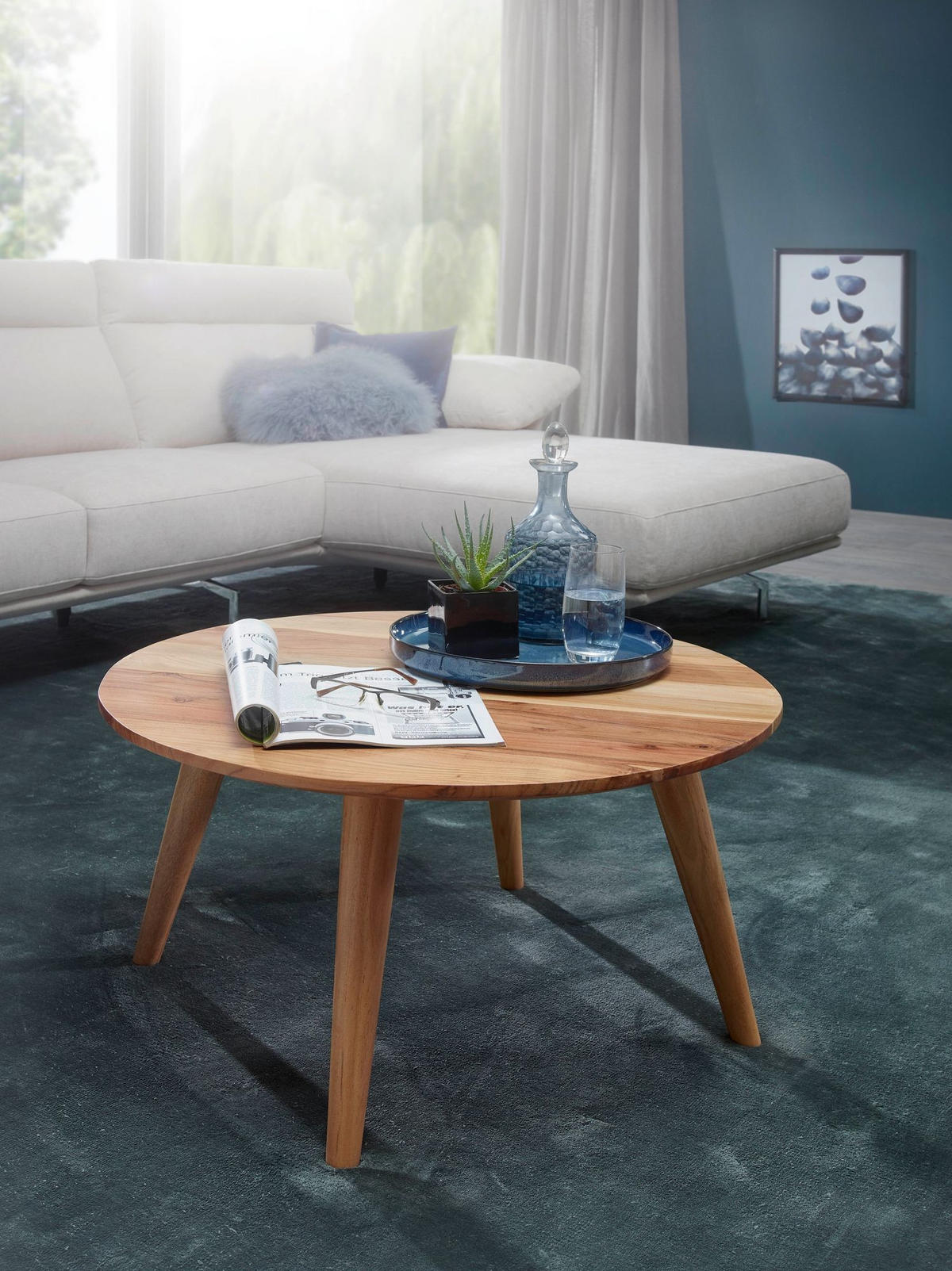 COUCHTISCH Rund Akazie Massivholz 75cm - Stabile Holzbeine, Pflegeleicht, Handgefertigt - Beige/Braun, Holz (75/75/40cm) - KADIMA DESIGN