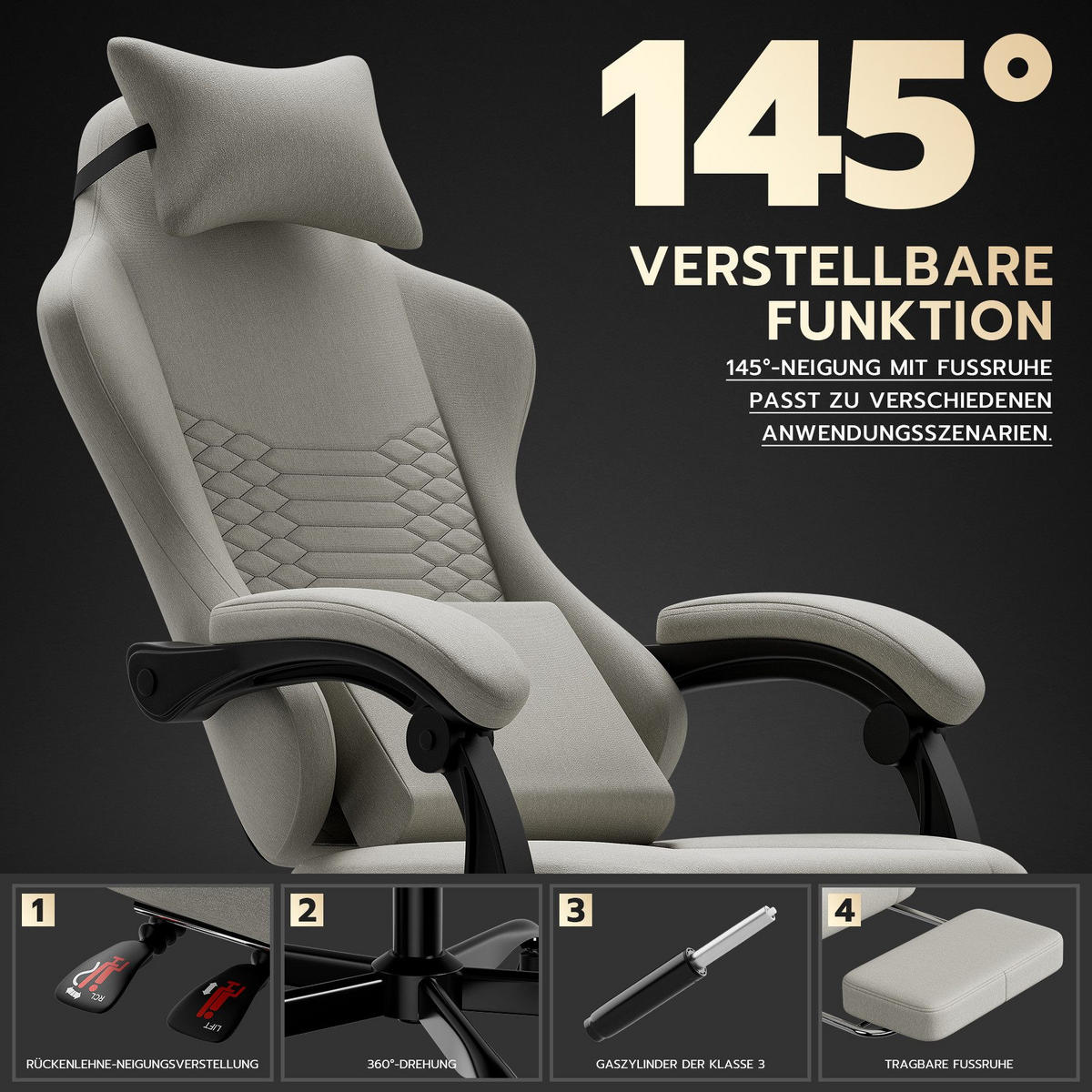 GAMING-STUHL ergonomischer, Bürostuhl mit Fußstütze & Lendenstütze - Weiß, Textil (65/114/65cm)