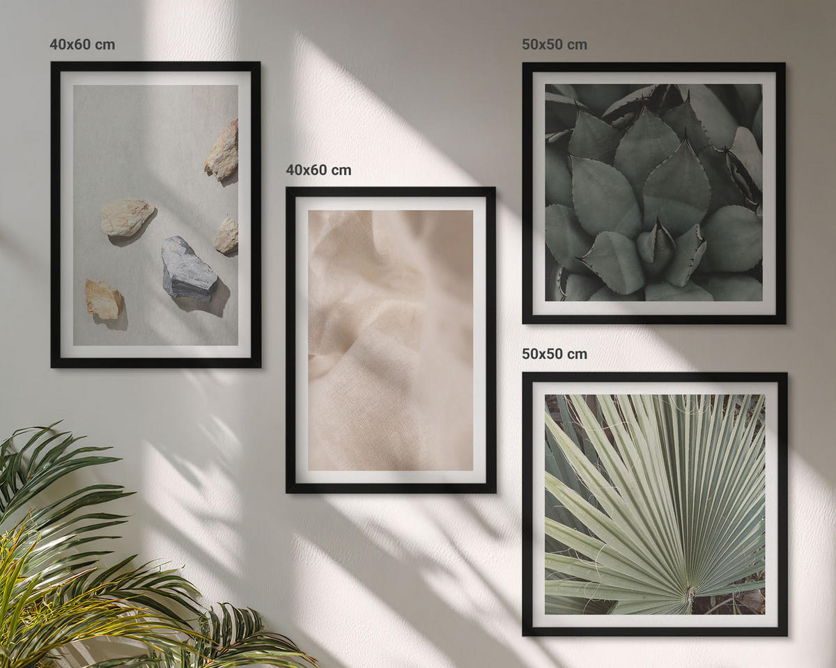 WANDBILDER 4er-Set - 50x50 cm & 40x60 cm Schwarzer Rahmen - Steine, Holz, Stofftexturen - Schwarz, Kunststoff (50/50cm) - ArtPrintCave