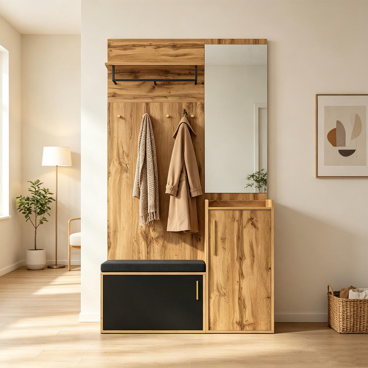 GARDEROBE mit Spiegel und Bank, Schrank mit Schuhregal und Haken - Multicolor, Holzwerkstoff (38/185/100cm) - Meubles Cosy