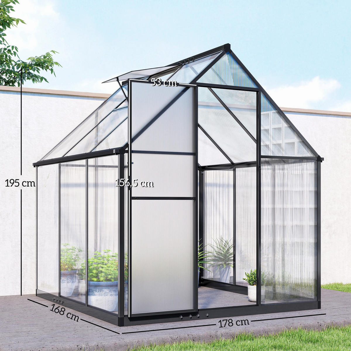 GEWÄCHSHAUS DE-12082 mit Polycarbonat und verstellbarem Fenster Transparent - Transparent, Metall (168/195/178cm) - ComfortXL