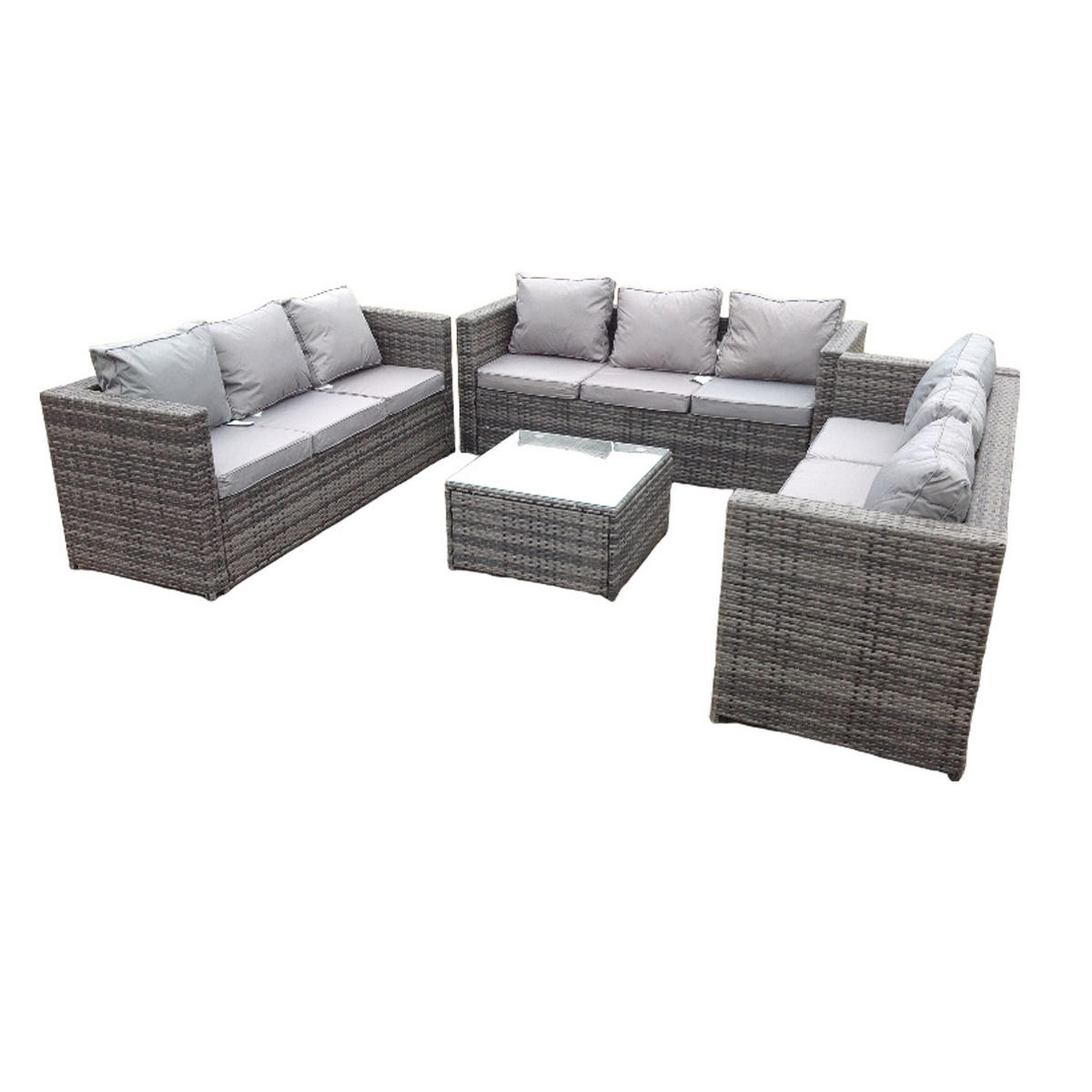 GARTENSET Polyrattan 9-Sitzer - Dunkelgrau/Grau, Glas/Kunststoff - Fimous