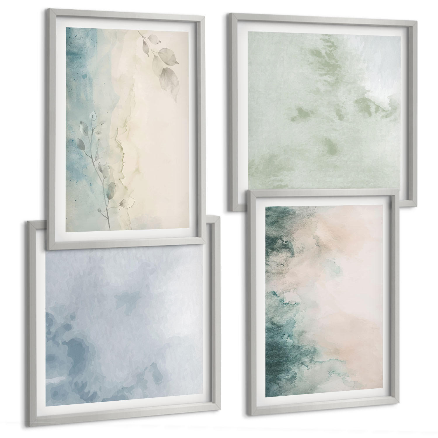 BILDER SET 4er Set - 50x50 cm & 40x60 cm Silberner Rahmen - Aquarell-Leinwandstil - Silberfarben, Kunststoff (50/50cm) - TULUP