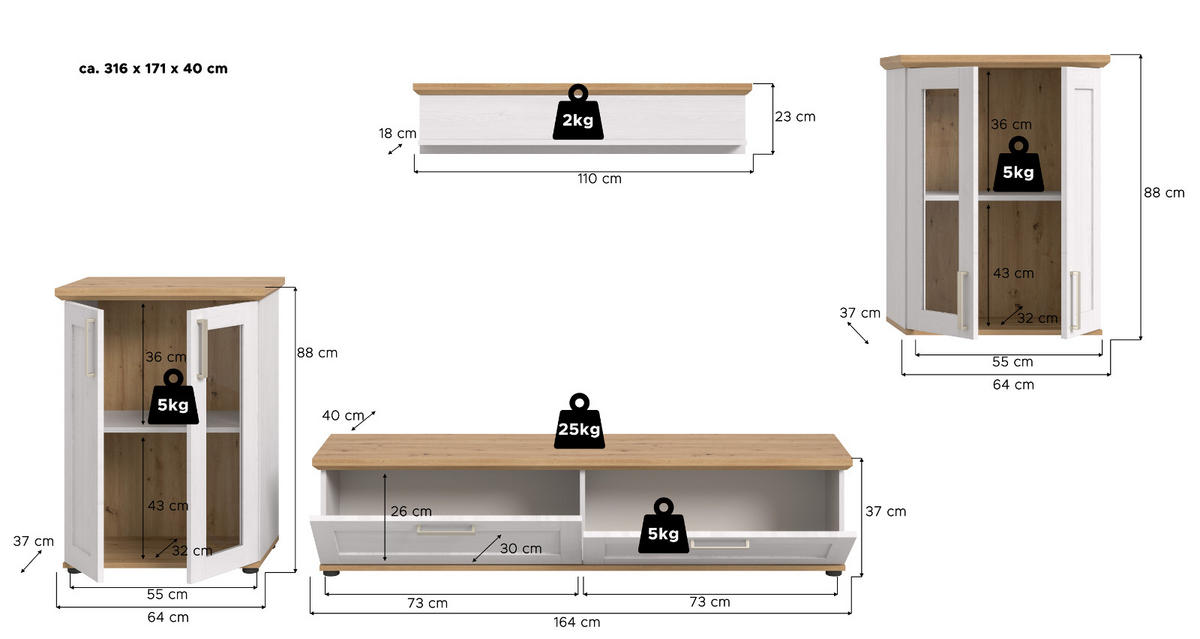 WOHNWAND 4-teilig weiß Lärche, Eiche Artisan 316 cm Landhaus, Schrankwand mit viel Stauraum - Silberfarben/Schwarz, Holzwerkstoff/Kunststoff (316/171/40cm) - Inn.Furn