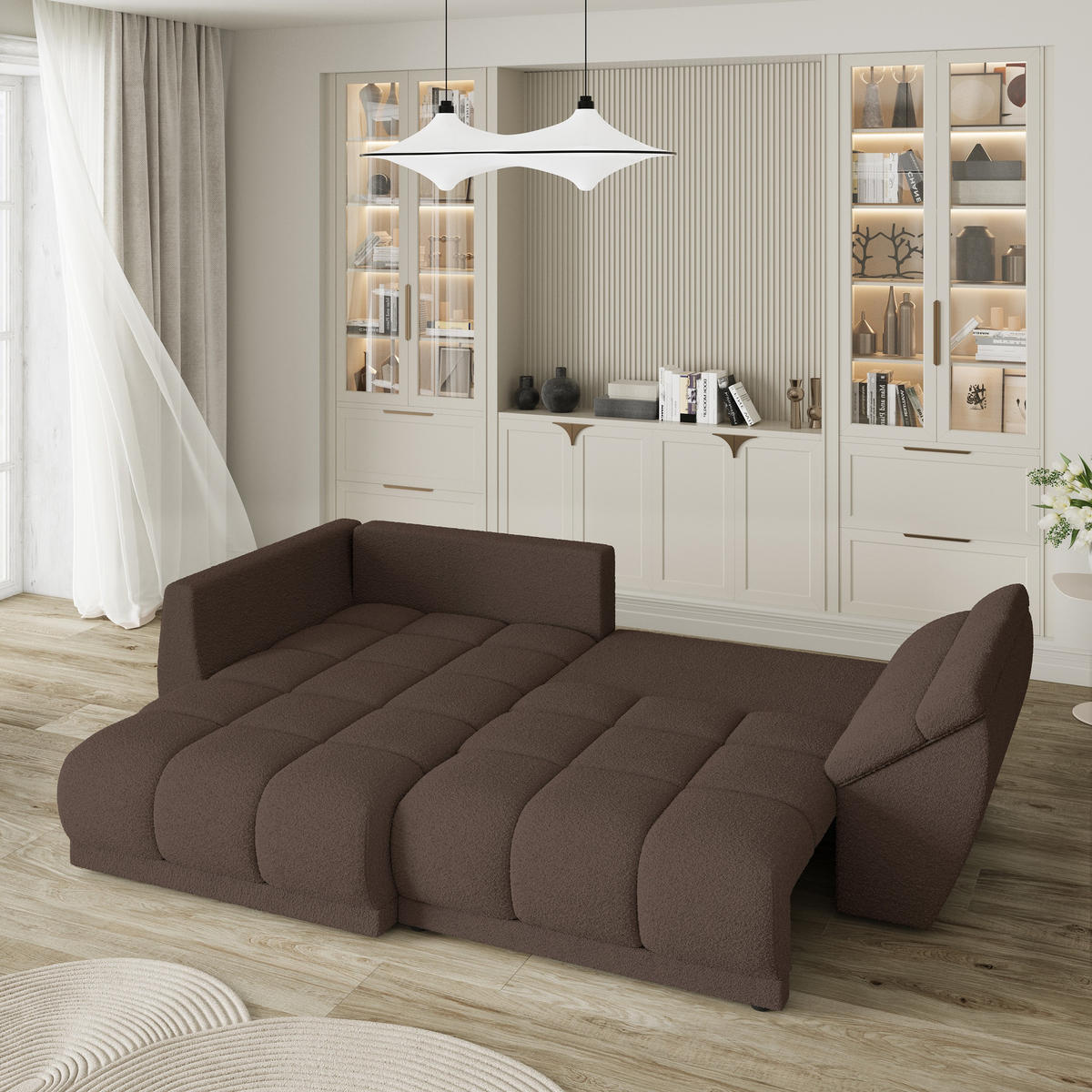 ECKSOFA ORENTI L-S Braun Boucle-Stoff mit Schlaffunktion - Braun, Holz (287/182cm) - MASSENO