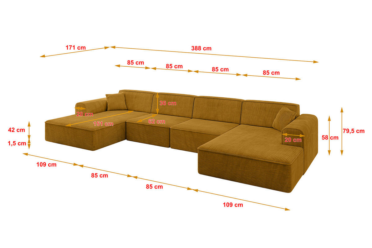 WOHNLANDSCHAFT IREA-U2-v3 - 388x171x79 cm Senfgelb - Grün, Holzwerkstoff/Textil (388/79/171cm) - ALTDECOR