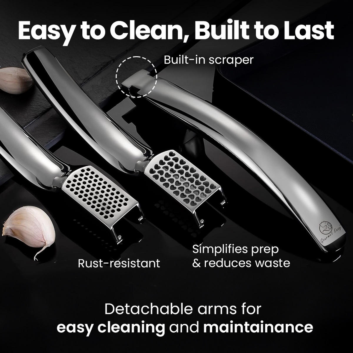 KNOBLAUCHPRESSE-SET,KNOBLAUCHPRESSE Garlic Easy Combo, Edelstahl, abnehmbarer Griff, kein Schälen - Edelstahlfarben, Metall (5.1cm) - Gourmet Easy