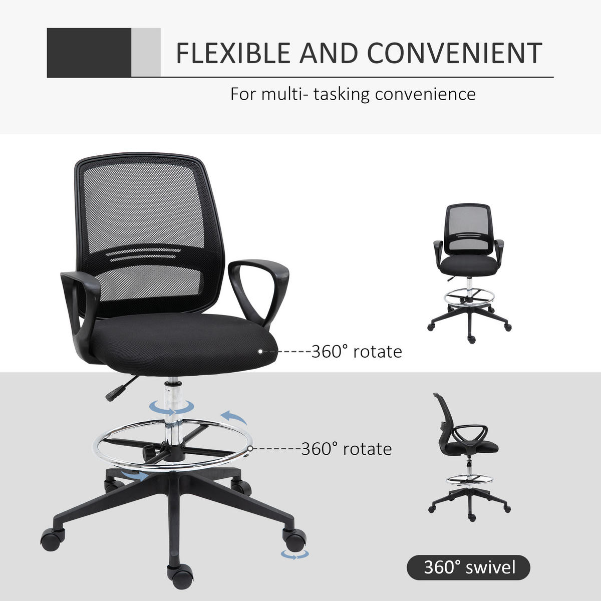 PRACOVNÍ ŽIDLE Ergonomická otočná židle Kancelářská židle s nastavitelnou výškou a opěrkou nohou - černá, textil (66/120/68cm) - Vinsetto