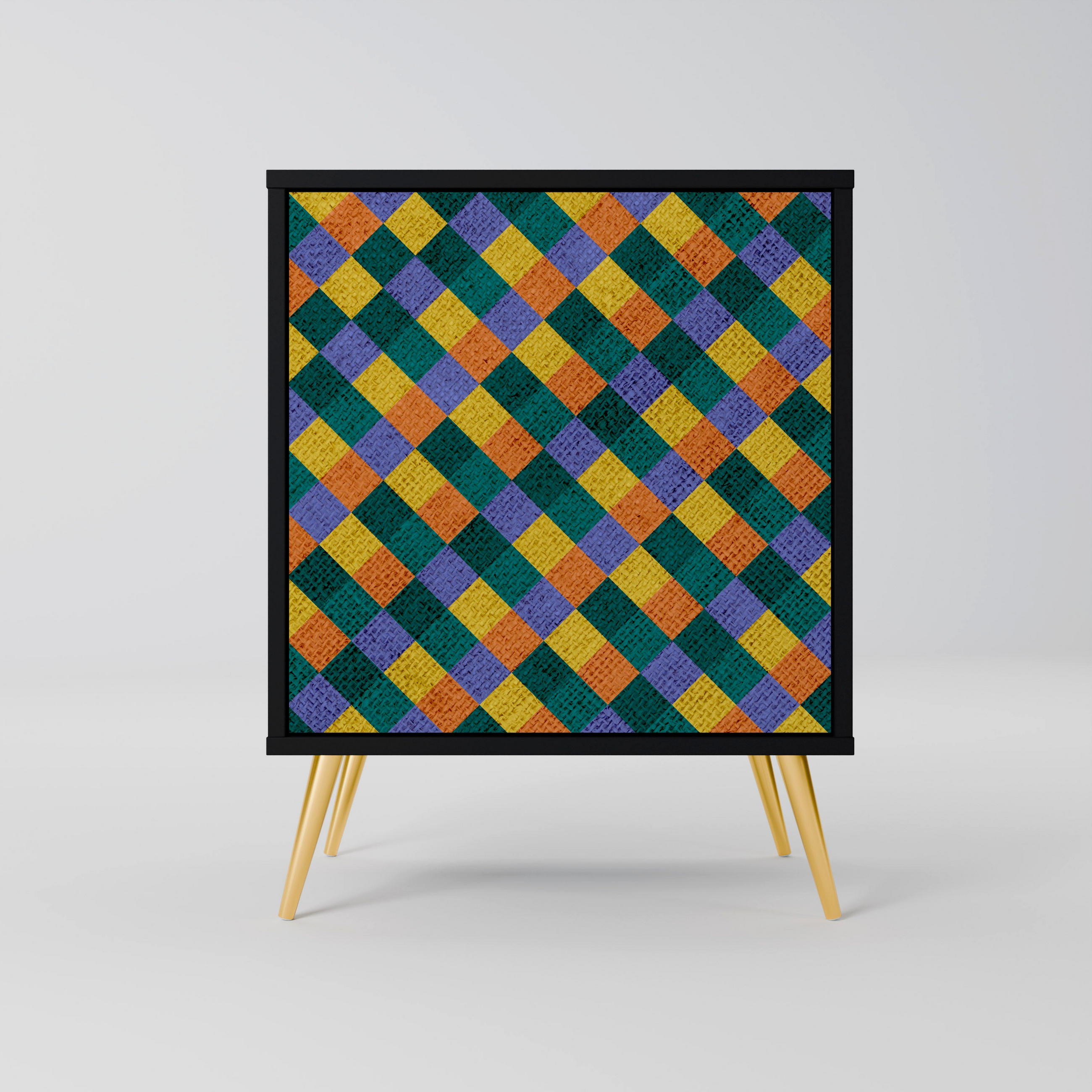 SIDEBOARD PAINTED SQUARES MIX, Schwarz, 57,5x42x75,5 cm, Goldfarbene Metallfüße - Goldfarben/Multicolor, Holzwerkstoff/Metall (57.5/75.5/42cm) - SpaceRebels