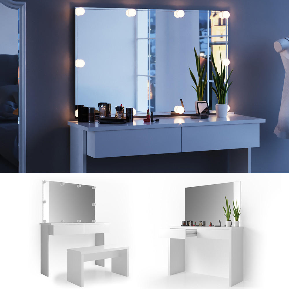 SCHMINKTISCH Azur Weiß 120 cm mit LED Beleuchtung und Bank - Weiß, Holzwerkstoff (120/83/40cm) - Vicco
