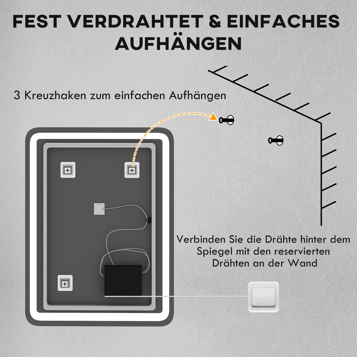 BADSPIEGEL, 60 x 80 cm LED Badezimmerspiegel mit 3 Lichtfarben, Touch-Schalter - Silberfarben, Glas (60/4/80cm) - HOMCOM