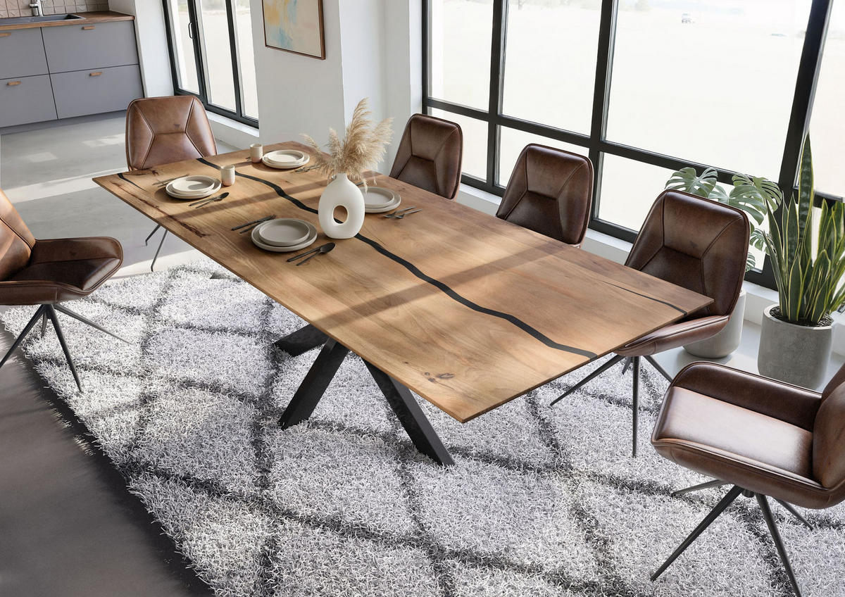 ESSTISCH Mango 240x100x74 natur lackiert / Epoxid schwarz, Kreuzgestell anthrazit glänzend EPOXY - Naturfarben, Holz (240/100/74cm) - Massivmoebel24