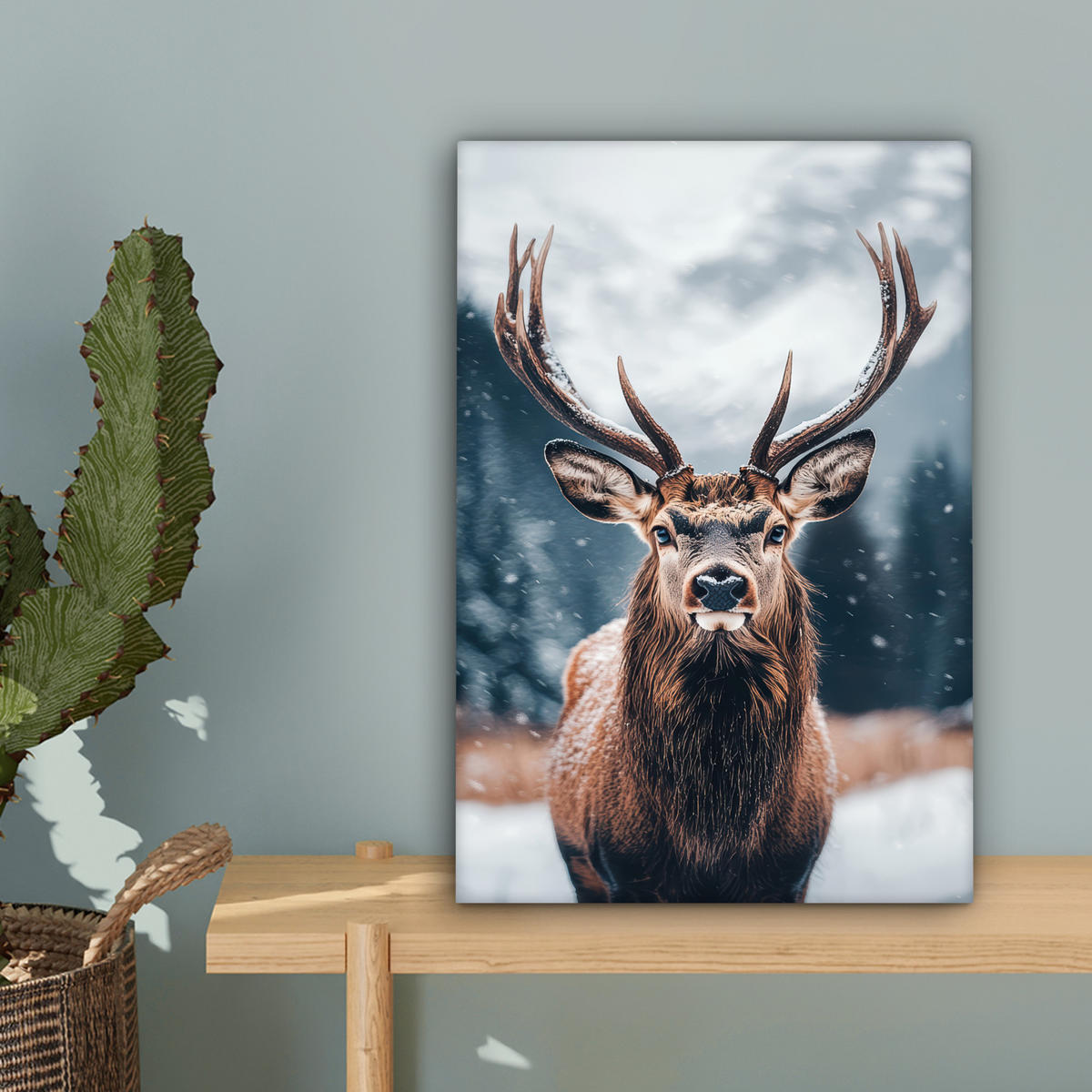 LEINWANDBILD Hirsche - Tiere - Landschaft - Winter - Schnee 20x30 cm - Kastanienfarben, Textil (20/30cm) - MuchoWow