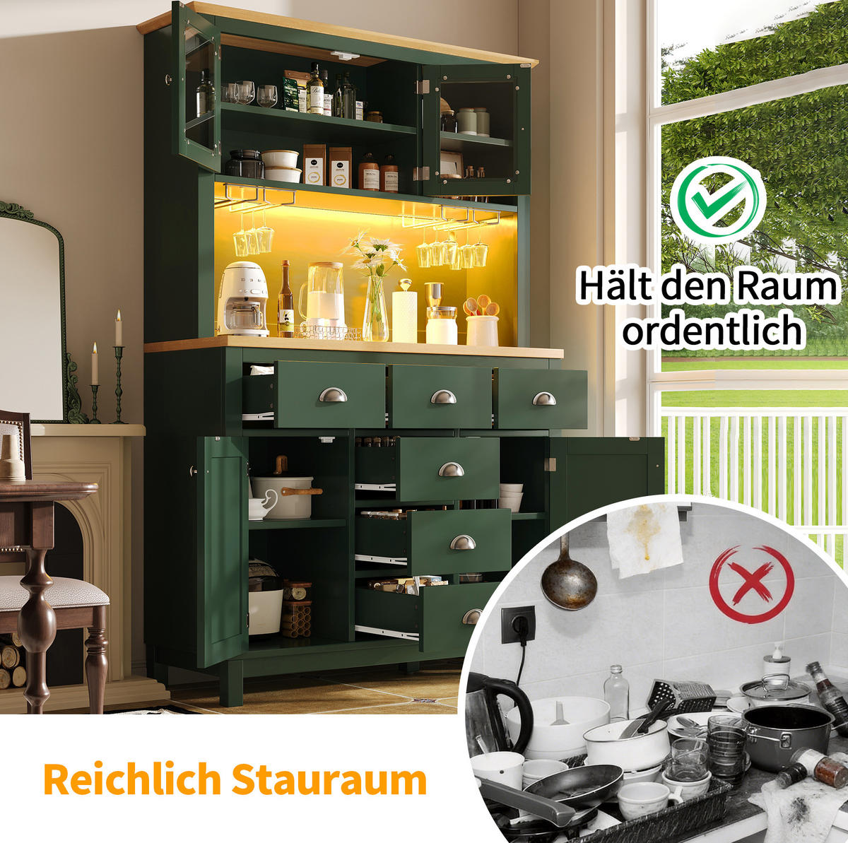 BUFFETSCHRANK mit LED-Lichtleiste 104x40x180 cm MDF Grün - Grün, Holzwerkstoff (40/180/104cm) - Meubliv