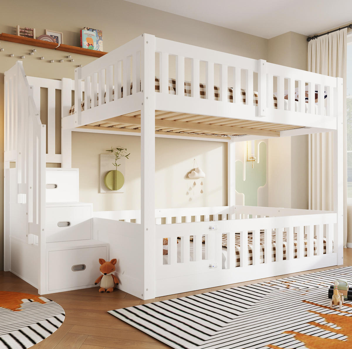 ETAGENBETT aus Kiefernholz und MDF 140x200 cm Weiß mit Stauraumtreppe - Weiß, Holzwerkstoff (140/200cm) - Modfu