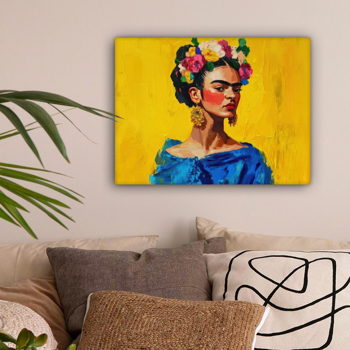 LEINWANDBILD Frida Kahlo - Frau - Gelb - Blau - Blumen 40x30 cm - Gelb, Textil (40/30cm) - MuchoWow