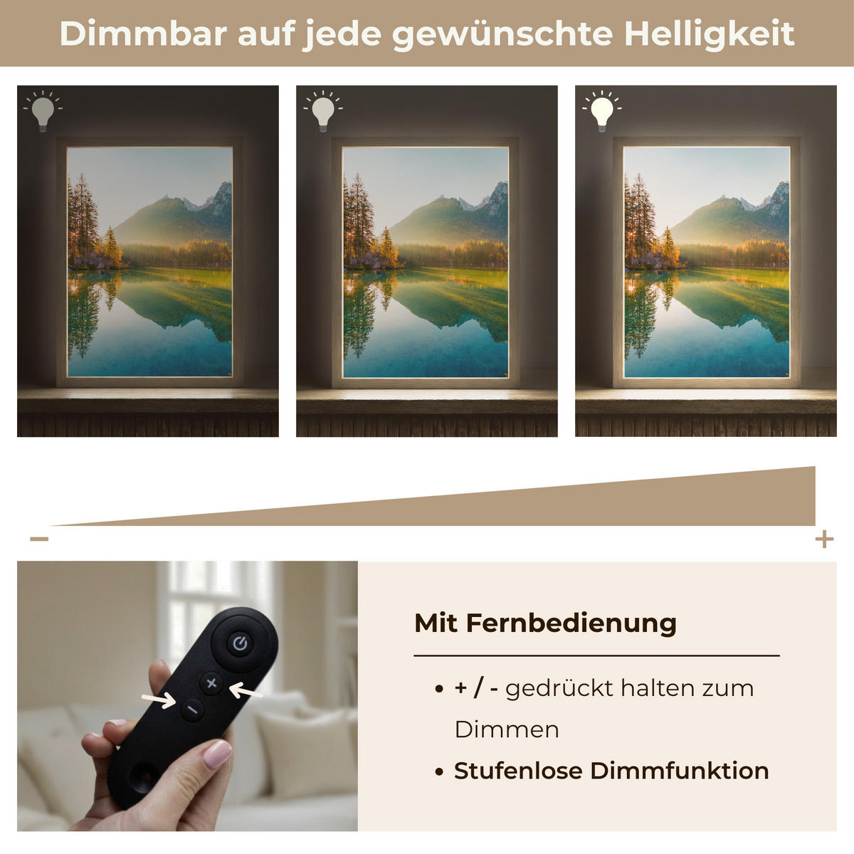 WANDLEUCHTE MIT AKKU See - Wald - Berge - Natur - Sonne - Landschaft 30x40 cm - Grün, Holzwerkstoff (30/40/8cm) - OnlyWow