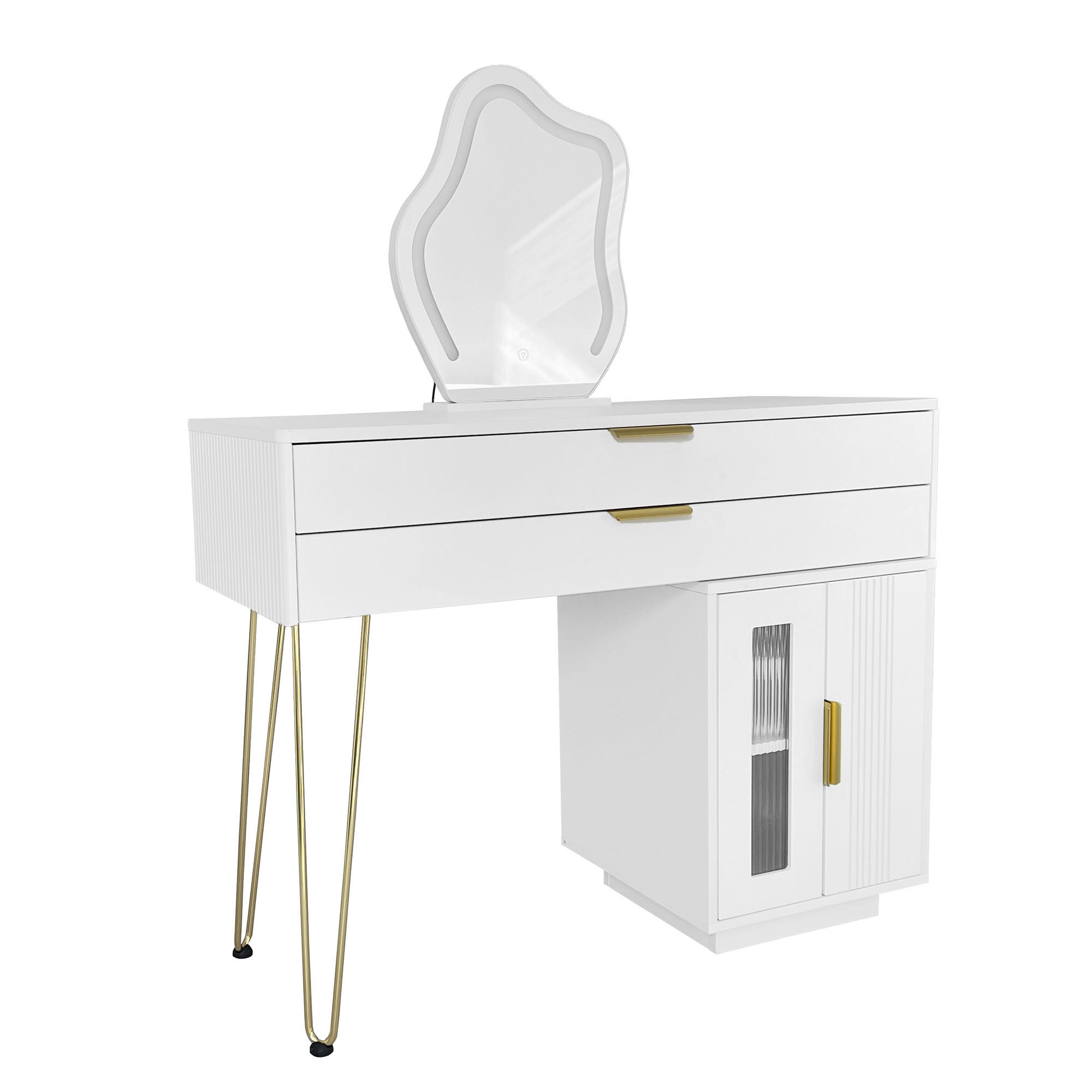 SCHMINKTISCH in Weiß mit LED-Spiegel & Seitenschrank - Weiß, Holzwerkstoff (100/78/40cm) - Urban Meuble