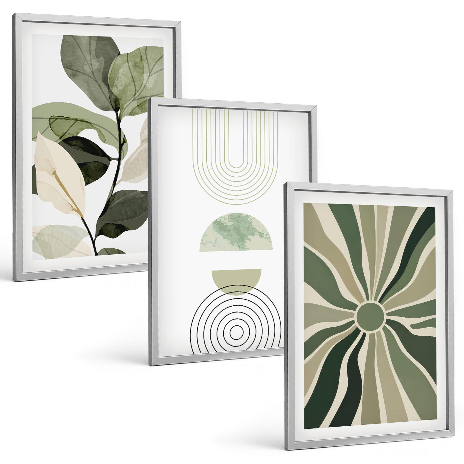 BILDER SET 3er Set - 40x60 cm Silberner Rahmen - Pflanzenmotive, Geometrie, Grün - Silberfarben, Kunststoff (40/60cm) - TULUP