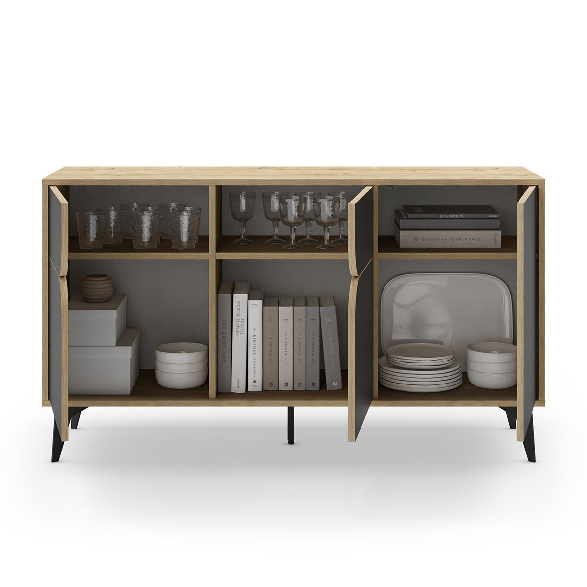 SIDEBOARD 3 Türen mit Metallfüßen B140 cm - FLORA - Eschefarben, Holzwerkstoff (40/79.3/140cm) - Calicosy