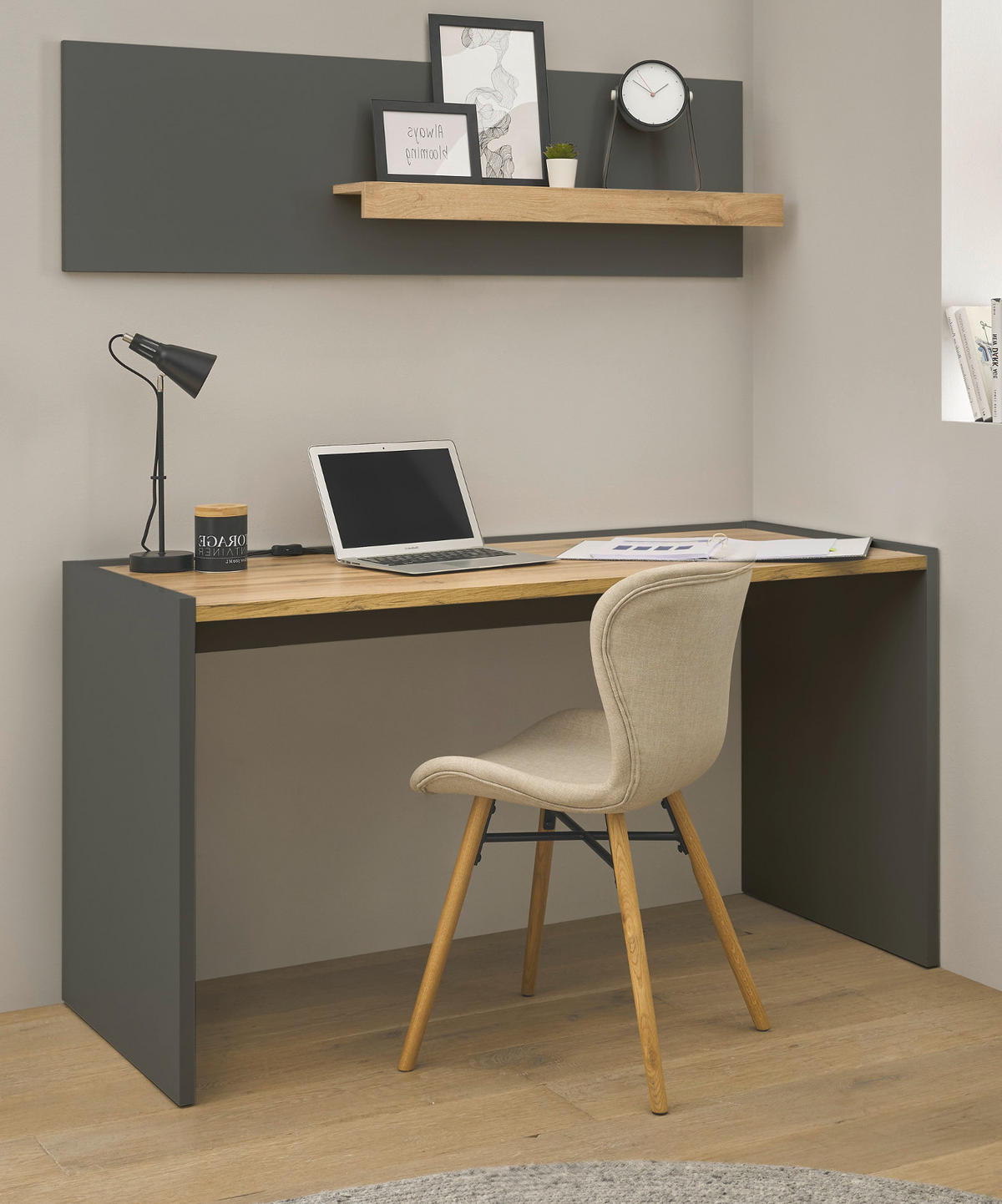 SCHREIBTISCHKOMBINATION 2-teilig grau matt, Eiche Wotan 143 cm, Büromöbel Set mit Wandregal - Eiche Wotan/Schwarz, Holzwerkstoff/Kunststoff (143/62/180cm) - Furn.Design