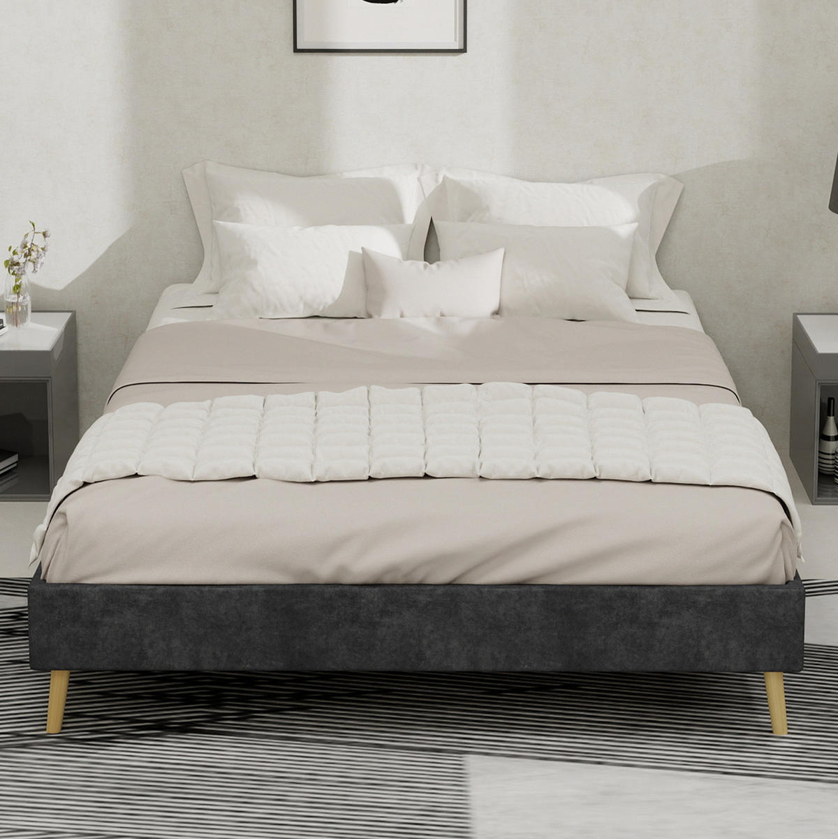 POSTEL 140/200 cm šedá z látky a kovu s geometrickým čelem a lamelovým roštem - šedá, textil (140/200cm) - OKWISH