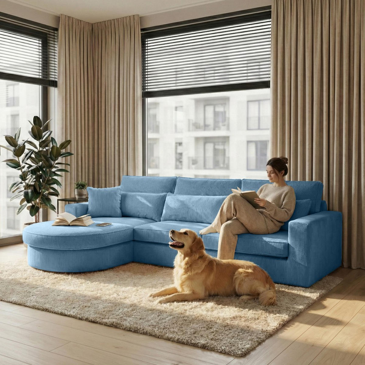 ECKSOFA Pablo ohne Schlaffunktion, mit abgerundeter Ottomane, links, Blau - Blau, Textil (319/196cm) - Beautysofa