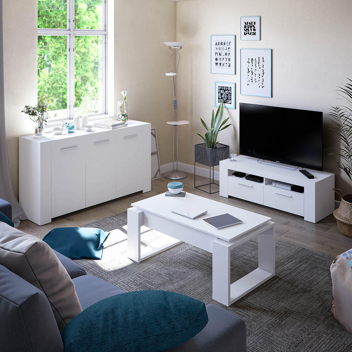 DESIGN Couchtisch mit hochklappbarer Tischplatte L102 cm - Ciara - Weiß, Holzwerkstoff (102/50/43cm) - Calicosy